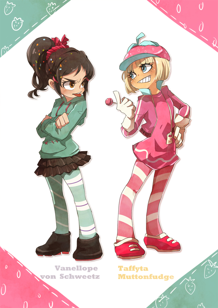 2girls, amber_eyes, barette, black_hair, blonde_hair, blue_eyes, brown_eyes, candy, candy_wrapper, caption, child, combat_boots, crossed_arms, flat_chest, frenemies, gloves, grin, hair_ornament, hair_pins, hat, hoodie, licorice, lollipop, messy_hair, name_tag, ponytail, preteen, racing_jacket, racing_suit, rain_boots, smile, stitches, strawberry, striped_legwear, taffyta_muttonfudge, teasing, tights, tongue, vanellope_von_schweetz, wreck-it_ralph, yuri, zipper