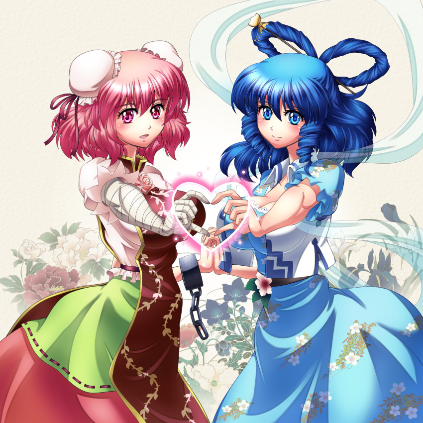 2girls, bandages, blue_eyes, blue_hair, breasts, bun_cover, chain, chinese_clothes