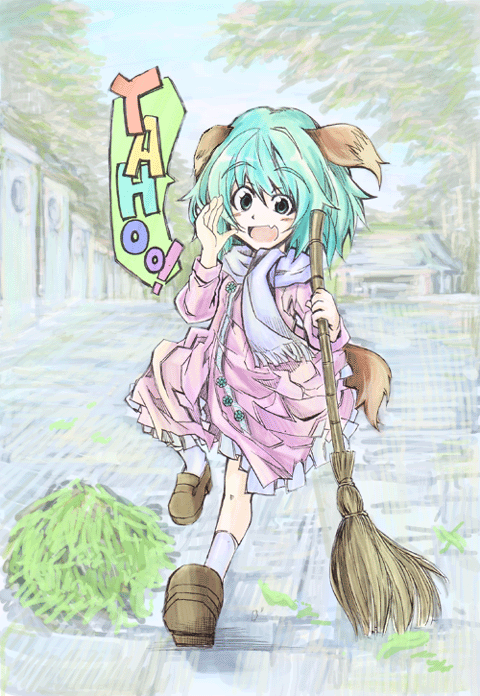 1girl, animal_ears, bamboo_broom, broom, dress, fang, green_eyes, green_hair