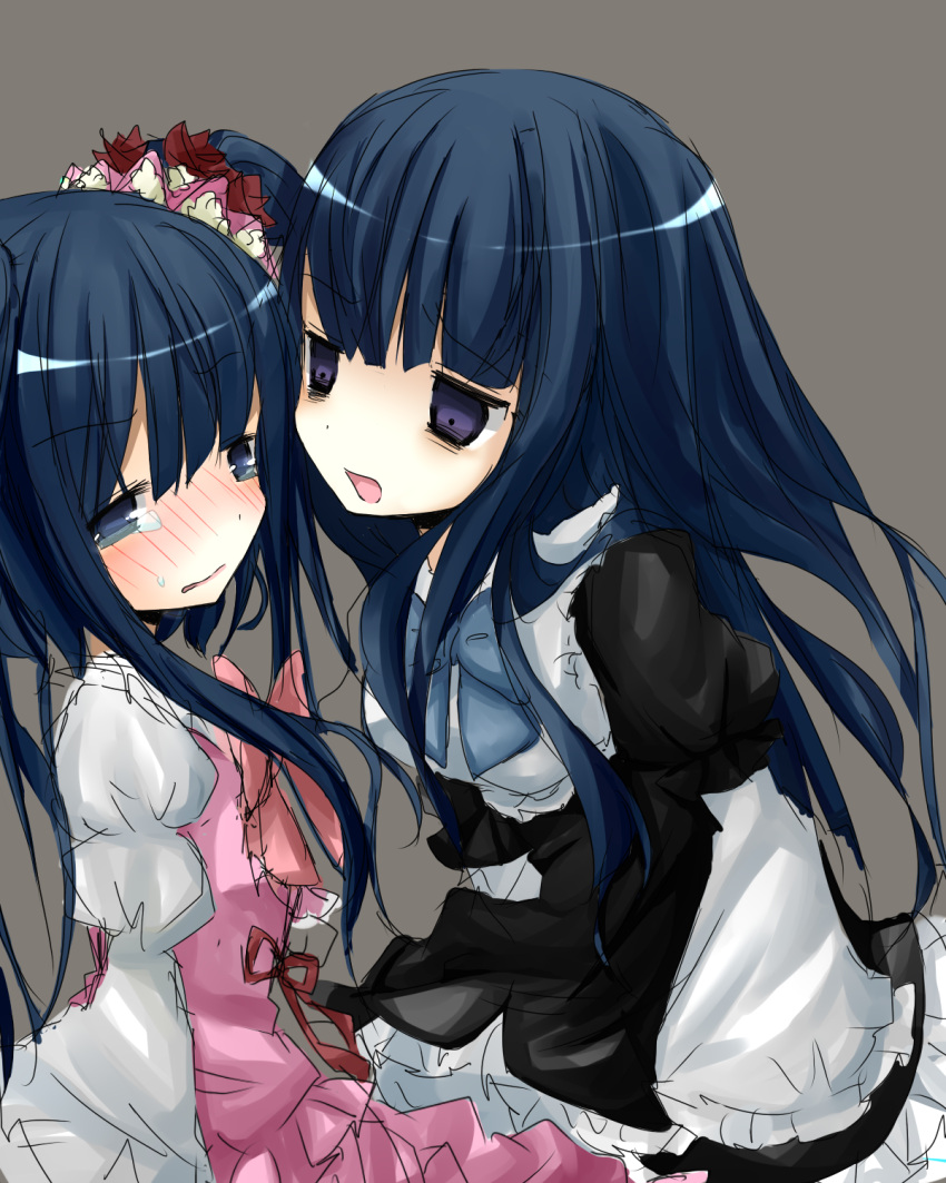 blue_eyes, blue_hair, blush, bow, dress, frederica_bernkastel, furudo_erika, hair_ornament, highres, long_hair, multiple_girls, nanase_(ribonshitoron), tears, twintails, umineko_no_naku_koro_ni