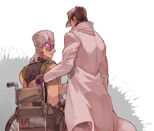 2boys, black_hair, drawr, earrings, grey_hair, hat, jean_pierre_polnareff, jewelry