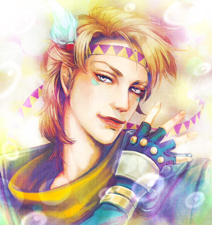 1boy, blonde_hair, caesar_anthonio_zeppeli, dididididinosaur, facial_mark, feathers, fingerless_gloves, gloves