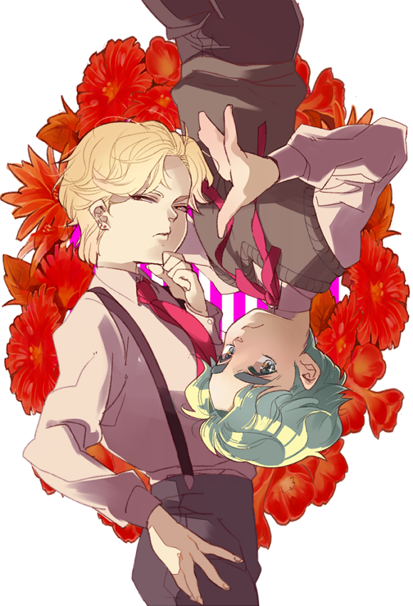 2boys, blonde_hair, blue_eyes, blue_hair, dio_brando, flower, jojo_no_kimyou_na_bouken, jonathan_joestar
