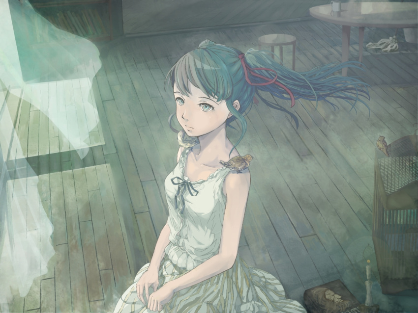 bird_on_shoulder, birdcage, bow, cage, curtains, dress, from_above, green_eyes
