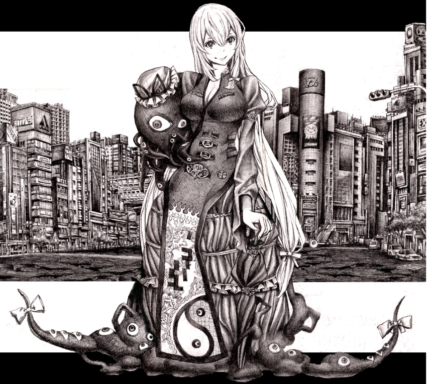 breasts, brown, city, cleavage, cthulhu, eyes, gap, hat