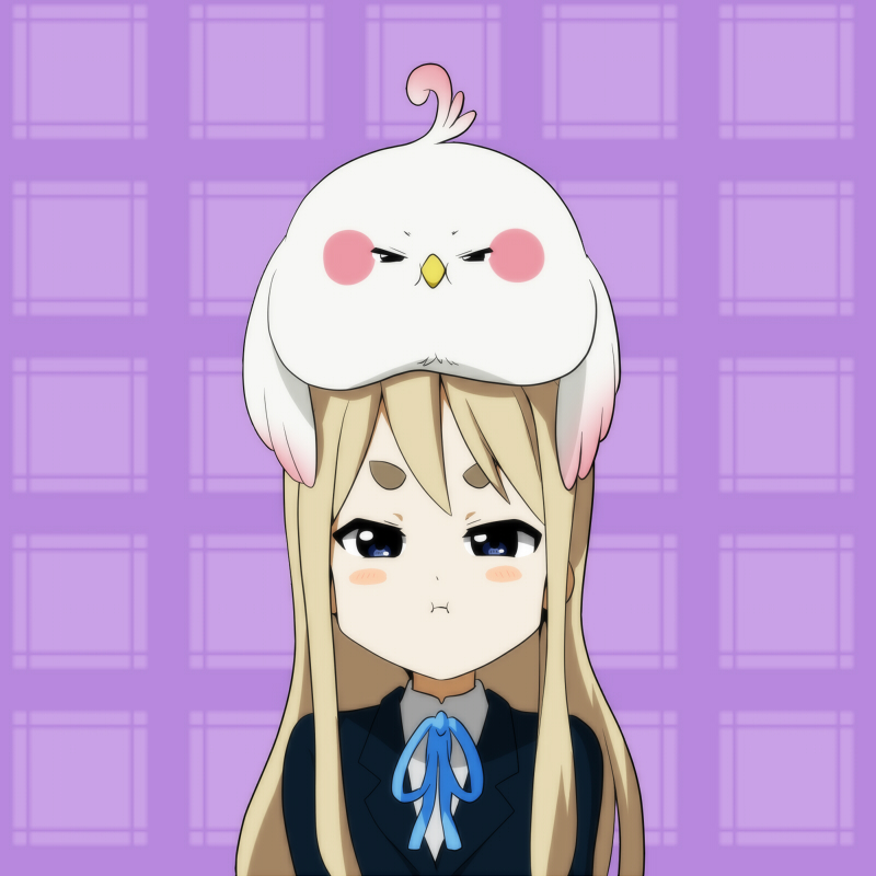 1girl, animal_on_head, bird, bird_on_head, blonde_hair, blue_eyes, company_connection, crossover, dera_mochi'mazzui, honjou, k-on!, kotobuki_tsumugi, kyoto_animation, long_hair, school_uniform, tamako_market