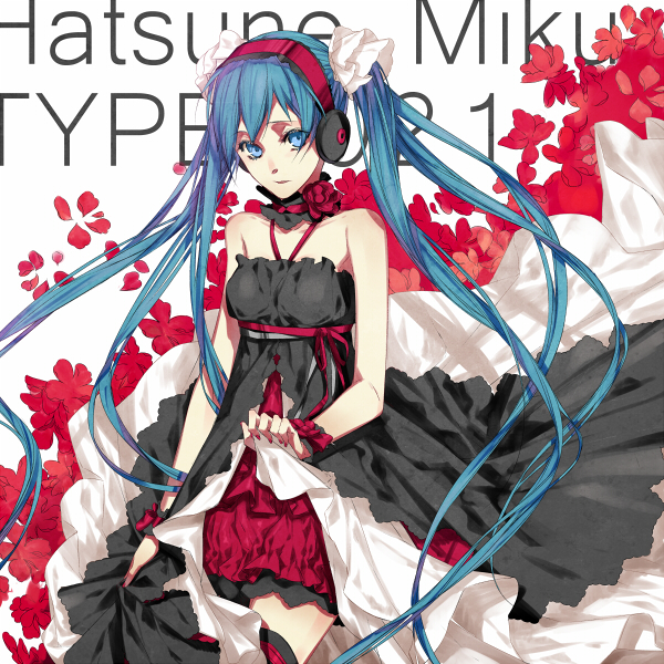 1girl, blue_eyes, blue_hair, character_name, dress, hatsune_miku, headphones, long_hair
