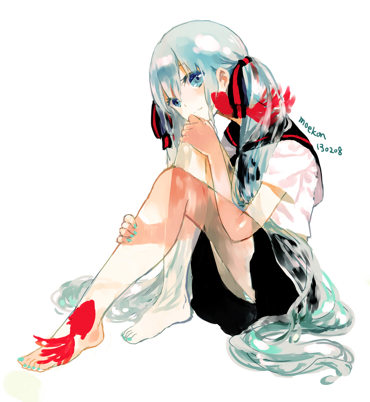 1girl, aqua_eyes, aqua_hair, barefoot, fish, goldfish, hatsune_miku, leg_hug