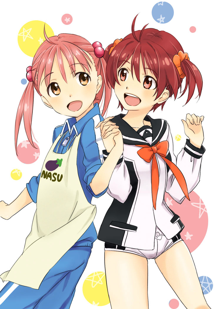 2girls, apron, blush, brown_eyes, brown_hair, hair_bobbles, hair_ornament, hands_clasped