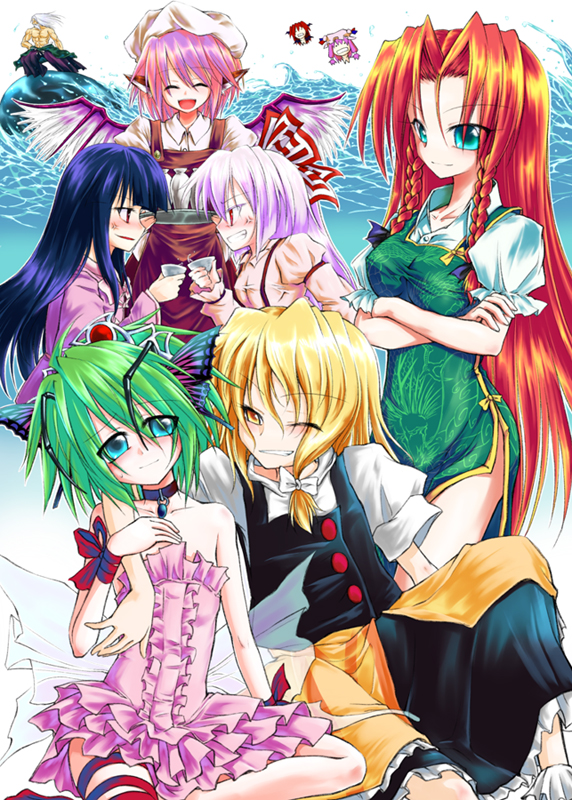 aqua_eyes, black_hair, blonde_hair, bottle, braid, butterfly_hair_ornament, chinese_clothes, choker