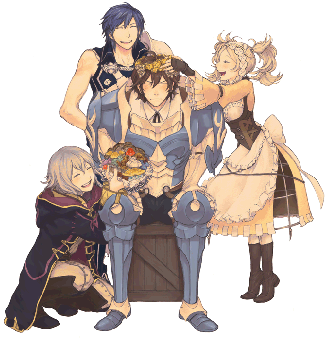 armor, blonde_hair, blush, boots, box, closed_eyes, dress, fire_emblem, fire_emblem:_kakusei, flower, frederick_(fire_emblem), headpiece, krom, laughing, liz_(fire_emblem), mark_(fire_emblem), skirt, twintails