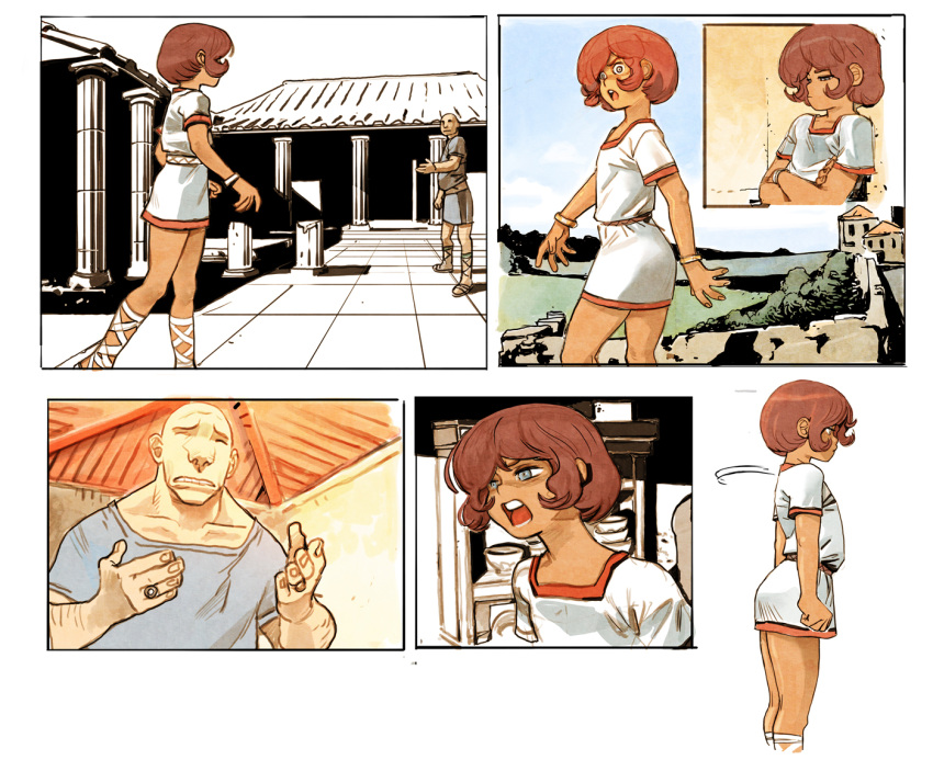 2boys, age_difference, androgynous, bald, blue_eyes, bracelet, comic, jewelry, joel_jurion, male, motion_lines, multiple_boys, open_mouth, pillar, redhead, ring, rome, sandals, silent_comic, trap