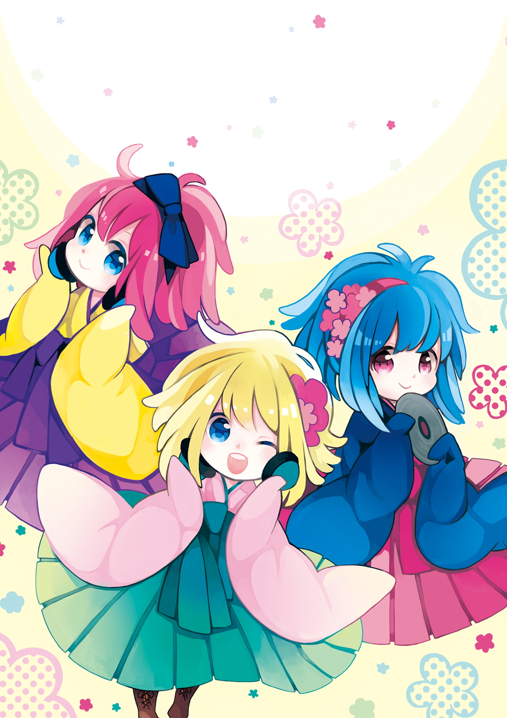 3girls, blonde_hair, blue_eyes, blue_hair, bonne_c, bow, chibi, hair_bow