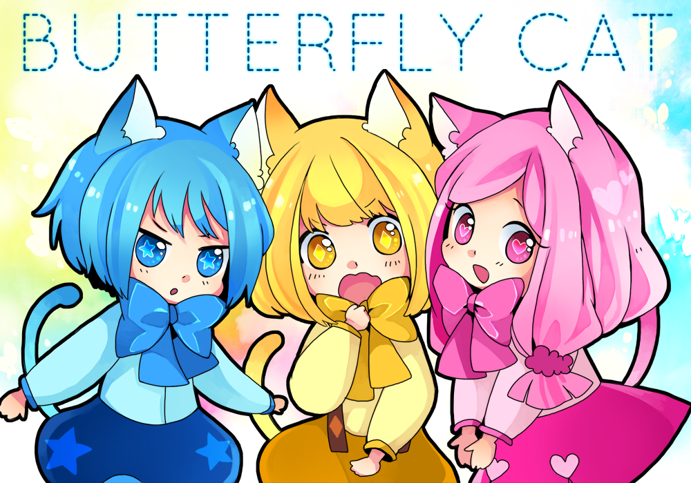 animal_ears, blonde_hair, blue_eyes, blue_hair, bonne_c, butterfly_cat, cat_ears, cat_tail