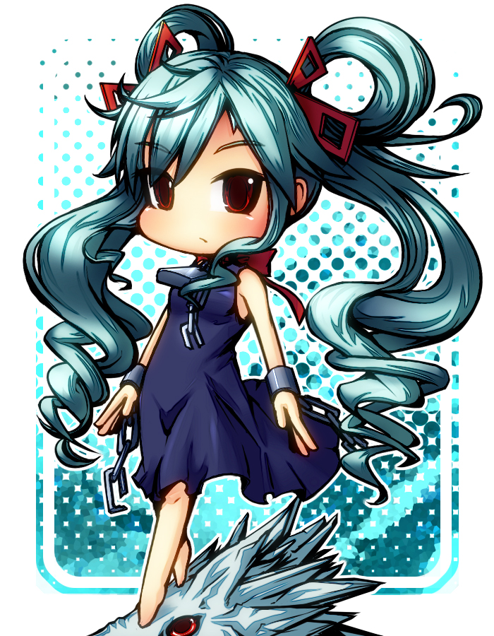 1girl, aqua_hair, beatmania, beatmania_iidx, bracer, chain, chibi, dragon