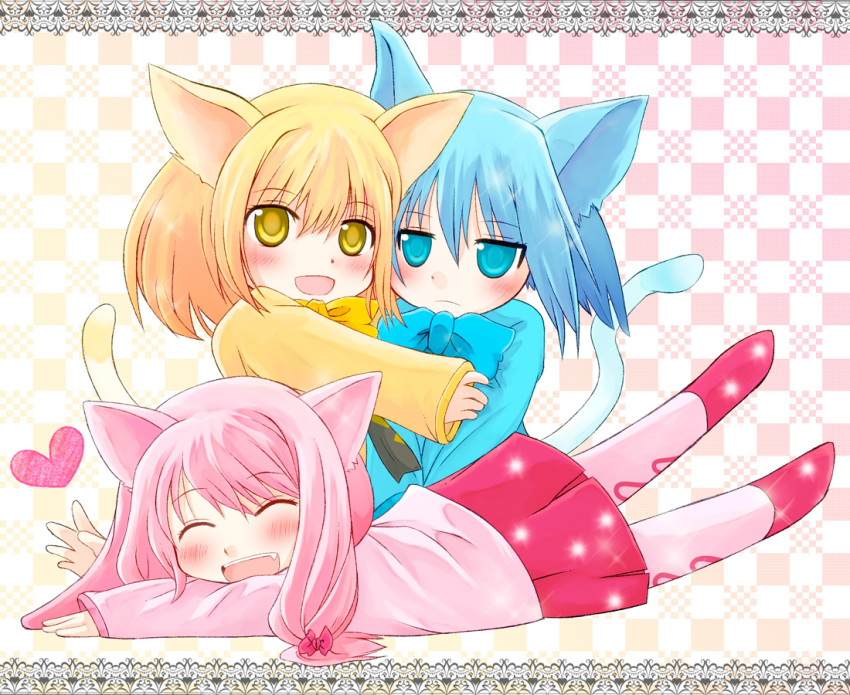 3girls, animal_ears, ao_(butterfly_cat), blonde_hair, blue_eyes, blue_hair, blush, bow