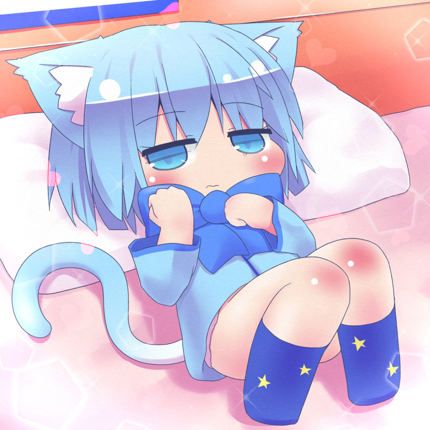 1b, 1girl, animal_ears, ao_(butterfly_cat), blue_eyes, blue_hair, blush, bow, butterfly_cat, cat_ears, cat_tail, chibi, looking_at_viewer, solo, sound_voltex, star, tail