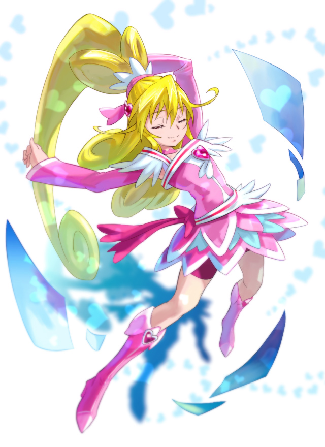 1girl, aida_mana, arms_up, blonde_hair, blush, boots, choker, closed_eyes
