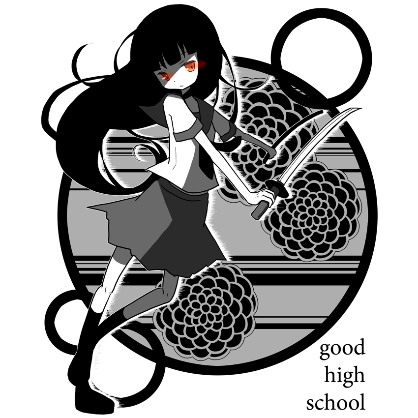 1girl, black_hair, chaki_(chakan), kureha, long_hair, red_eyes, school_uniform, serafuku