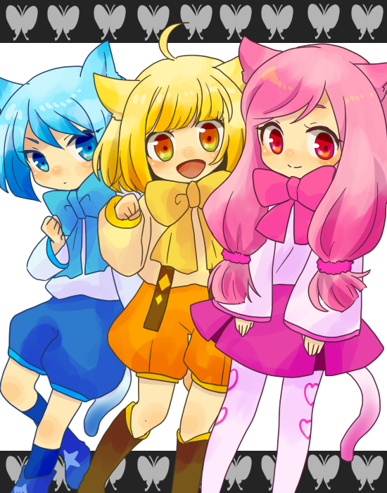 3girls, animal_ears, ao_(butterfly_cat), blonde_hair, blue_eyes, blue_hair, butterfly_cat, cat_ears