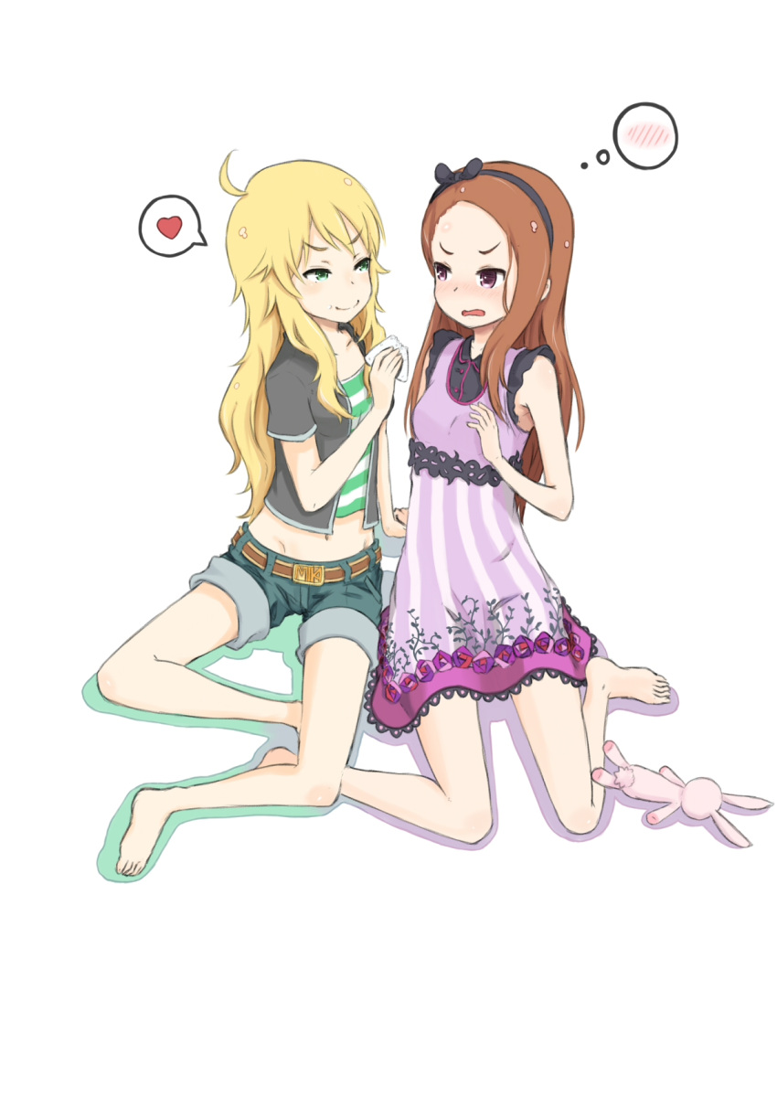 00_(q), ahoge, barefoot, blonde_hair, blue_eyes, blush, brown_hair, dress, feet, food, hairband, hoshii_miki, idolmaster, legs, midriff, minase_iori, navel, onigiri, rabbit, shorts, striped, stuffed_animal, stuffed_toy, thought_bubble, violet_eyes