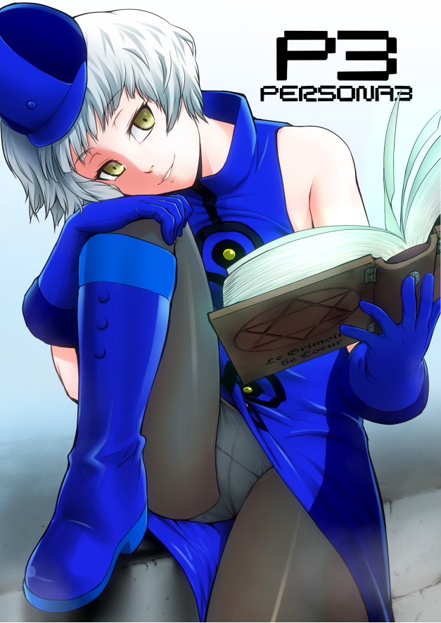 1girl, bare_shoulders, black_legwear, blue_gloves, book, boots, dress, elizabeth_(persona)