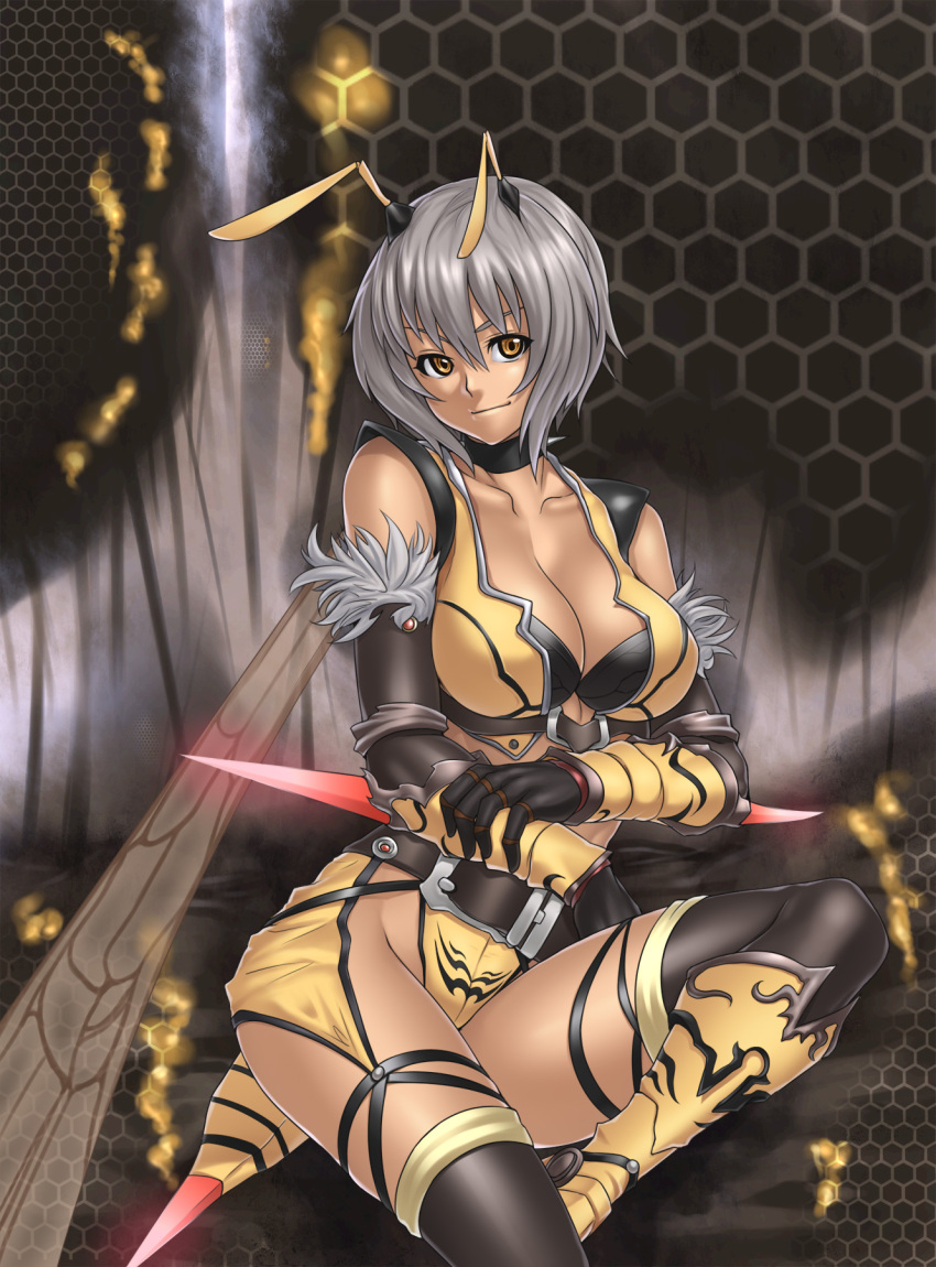 antenna, bee_girl, breasts, cleavage, highres, honeycomb_background, houtengeki, insect_wings