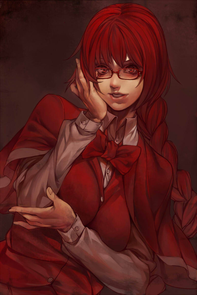 1girl, bowtie, braid, buttons, capelet, glasses, long_hair, okazaki_yumemi, parted_lips, red-framed_glasses, red_eyes, redhead, shikihara_mitabi, simple_background, single_braid, smile, solo, touhou, touhou_(pc-98), vest