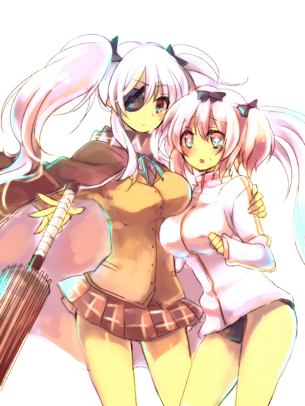 +_+, 2girls, aki_(prdx85), blue_hair, breasts, eyepatch, hibari_(senran_kagura), long_hair