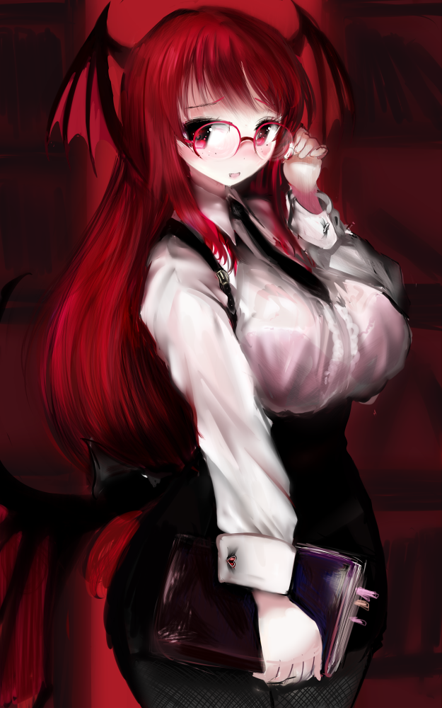 1girl, adapted_costume, adjusting_glasses, amii, bat_wings, black_legwear, blush, book