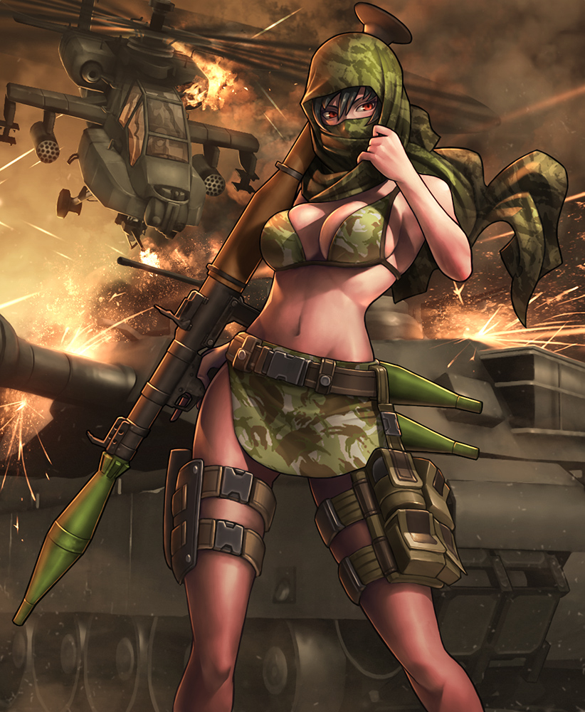 1girl, bare_shoulders, bikini, black_hair, breasts, helicopter, ikegami_noroshi, military