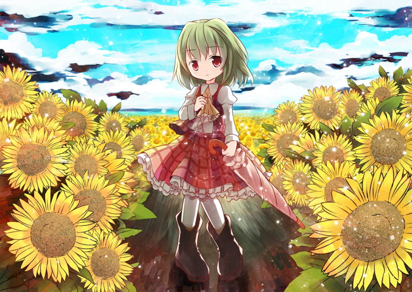 1girl, ascot, blue_sky, boots, child, closed_umbrella, clouds, flower