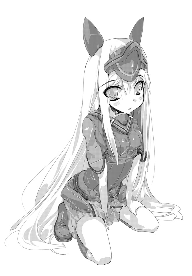 blush, hairan, long_hair, monochrome, skirt, very_long_hair
