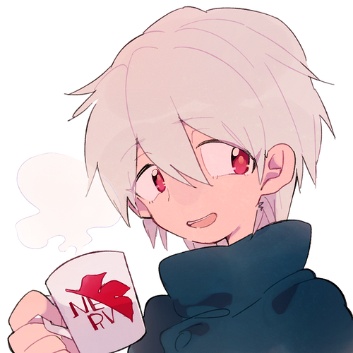 1boy, cup, mug, nagisa_kaworu, neon_genesis_evangelion, open_mouth, red_eyes, sa_kuma, short_hair, smile, white_hair