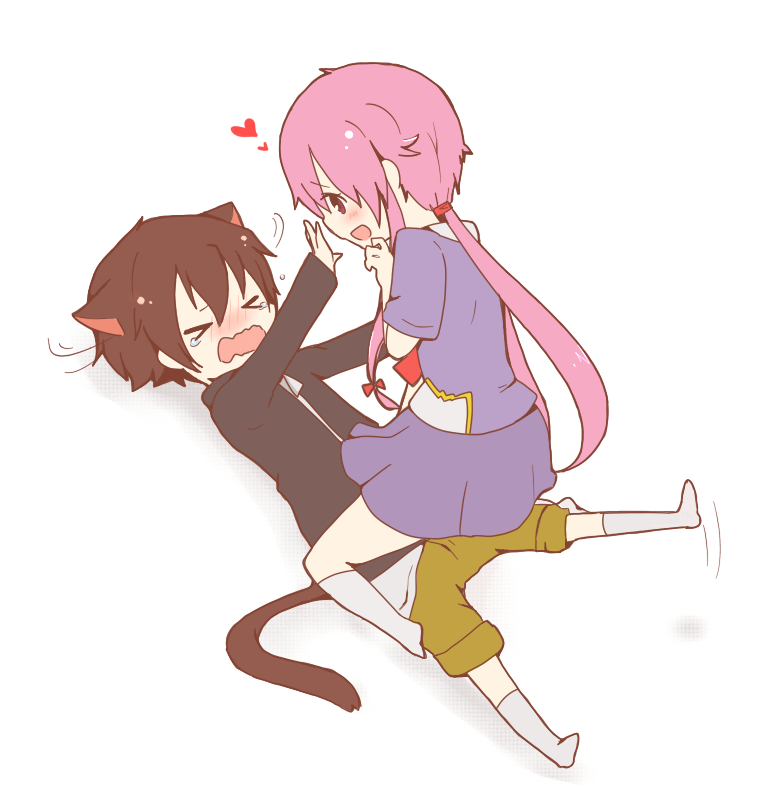 >_<, 1boy, 1girl, :d, amano_yukiteru, animal_ears, black_hair, blush, cat_ears, chuo_(irityuo), gasai_yuno, heart, long_hair, lying, mirai_nikki, open_mouth, pink_eyes, pink_hair, ponytail, school_uniform, shorts, simple_background, skirt, smile, socks, straddle, tears, twintails, white_background