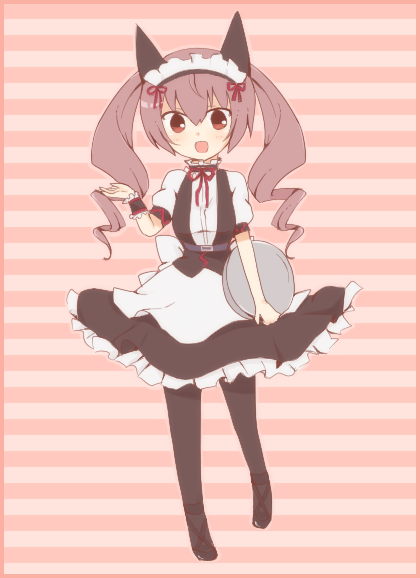 1girl, animal_ears, blush, border, cat_ears, chuo_(irityuo), drill_hair, fake_animal_ears, faris_nyannyan, frills, long_hair, maid, maid_headdress, open_mouth, pantyhose, pink_background, pink_eyes, pink_hair, puffy_short_sleeves, puffy_sleeves, short_sleeves, smile, solo, steins;gate, striped, striped_background, tray, twin_drills, wrist_cuffs