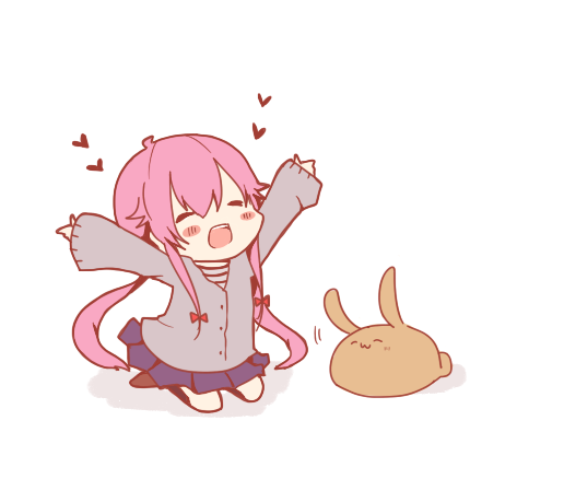 1girl, :3, :d, arms_up, blush, bow, chibi, chuo_(irityuo), closed_eyes, gasai_yuno, hair_bow, heart, long_hair, long_sleeves, mirai_nikki, open_mouth, pink_hair, rabbit, simple_background, skirt, smile, solo, twintails, white_background