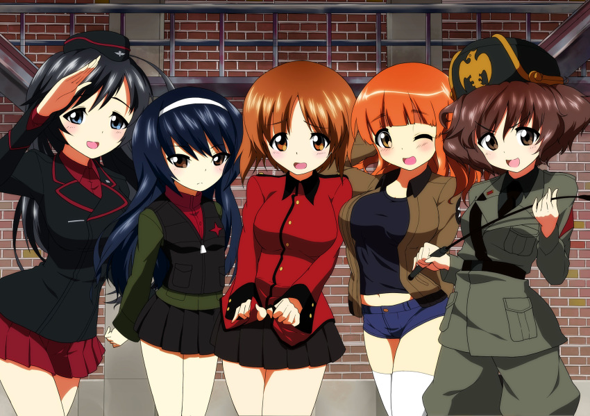 5girls, akiyama_yukari, anchovy, anchovy_(cosplay), black_hair, blouse, blue_eyes, blush, bomber_jacket, brown_eyes, brown_hair, cosplay, darjeeling, darjeeling_(cosplay), dress_shirt, fur_hat, garrison_cap, girls_und_panzer, hairband, hand_behind_head, hat, isuzu_hana, jacket, kay_(cosplay), kay_(girls_und_panzer), koumou_usagi, looking_at_viewer, messy_hair, military, military_uniform, miniskirt, multiple_girls, necktie, nishizumi_maho, nishizumi_maho_(cosplay), nishizumi_miho, nonna, nonna_(cosplay), open_mouth, orange_eyes, orange_hair, pants, pleated_skirt, reizei_mako, riding_crop, salute, shirt, short_hair, short_shorts, shorts, side-by-side, skirt, smile, standing, t-shirt, takebe_saori, thigh-highs, uniform, ushanka, vest, white_legwear, wink
