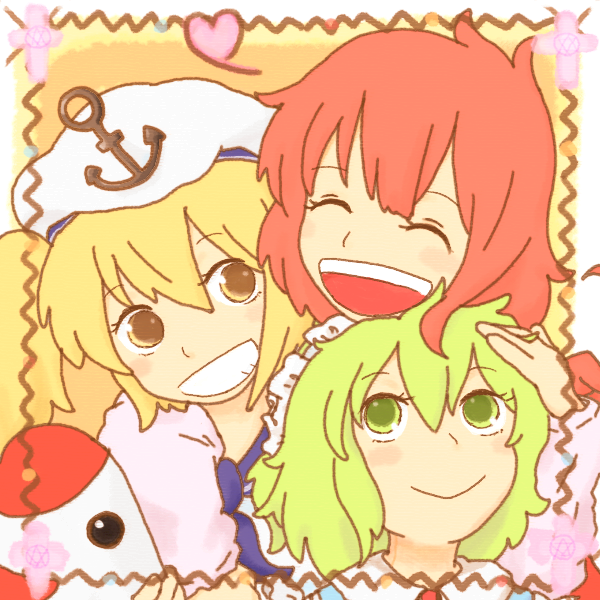 3girls, blonde_hair, closed_eyes, green_hair, hat, kitashirakawa_chiyuri, mimi-chan, multiple_girls