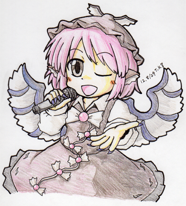 1girl, animal_ears, colored_pencil_(medium), dated, dress, grey_eyes, hat, hb_take
