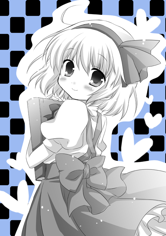 1girl, alice_margatroid, alice_margatroid_(pc-98), blush, checkered, checkered_background, heart, looking_at_viewer