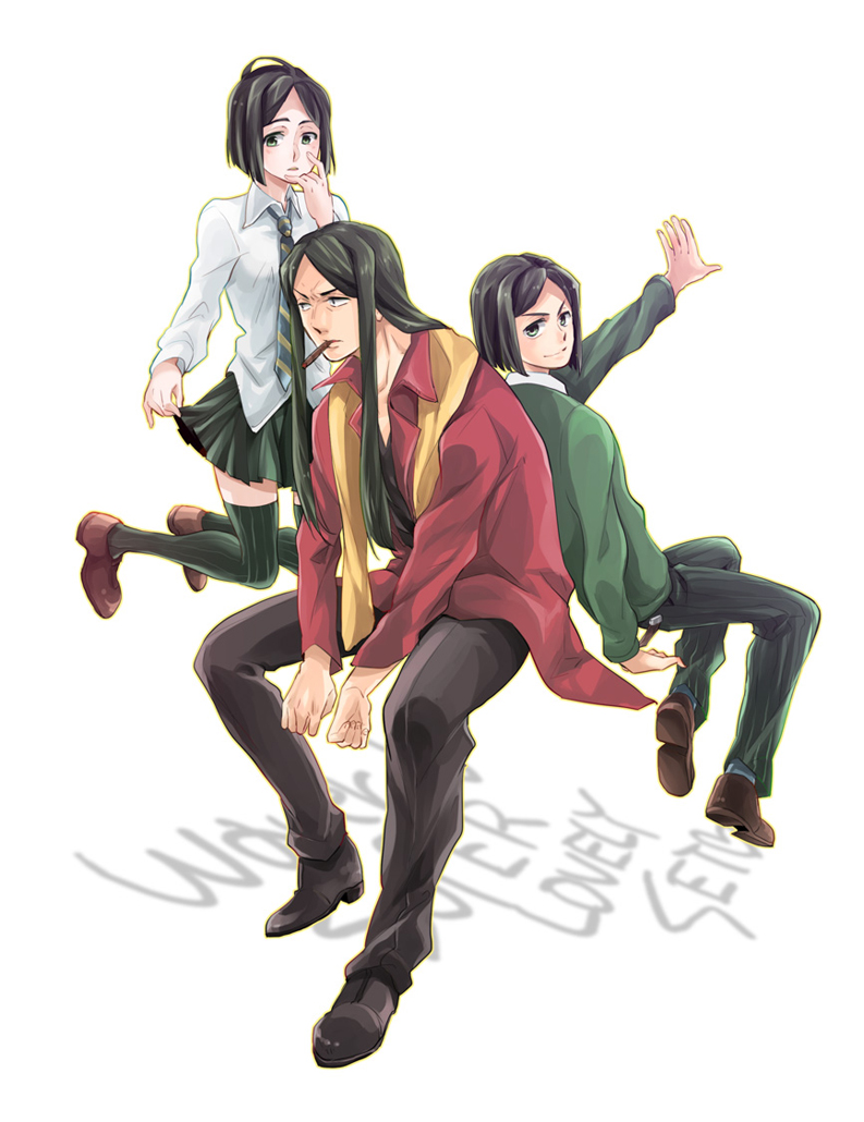 1girl, 2boys, adult, black_hair, bob_cut, cigar, fate/zero, fate_(series), green_eyes, juliacco, long_hair, lord_el-melloi_ii, multiple_boys, multiple_persona, necktie, sensha_otoko, thigh-highs, vertical-striped_legwear, vertical_stripes, waver_velvet, young