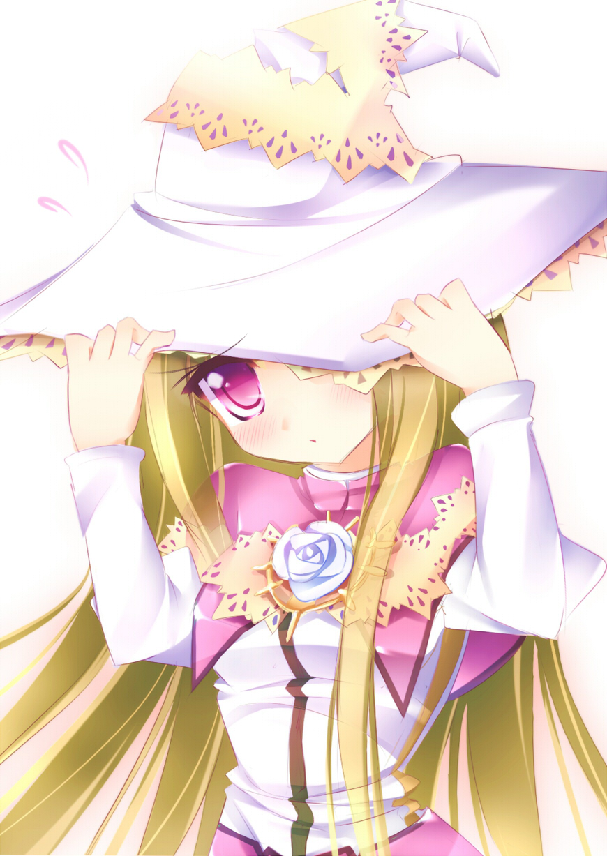 1girl, blonde_hair, blush, dress, flower, hat, red_eyes, rosary_(yggdra_union), rose, solo, white_rose, yggdra_union
