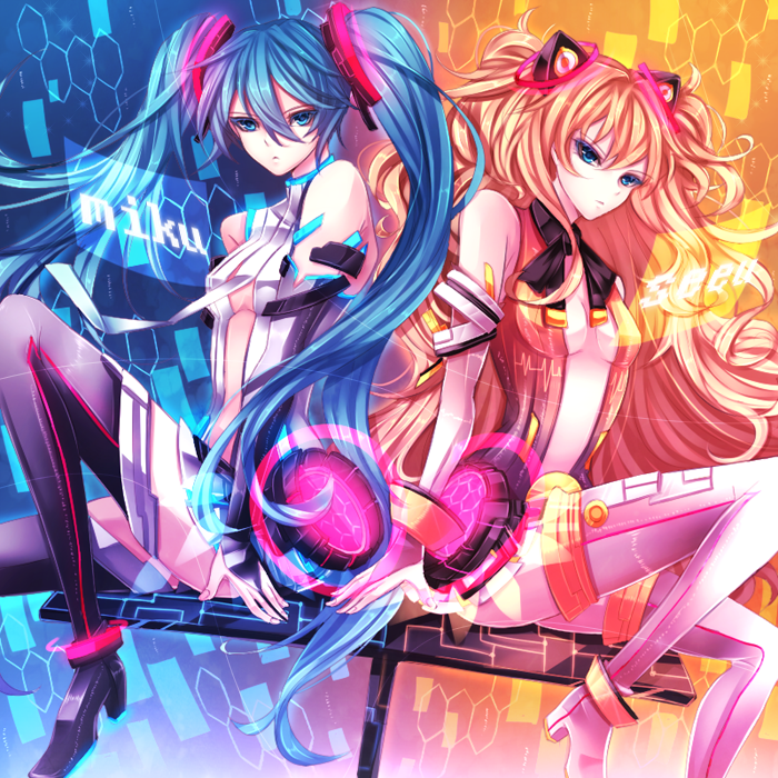 2girls, blonde_hair, blue_eyes, blue_hair, boots, bridal_gauntlets, character_name, fkfkfkfkrhdm