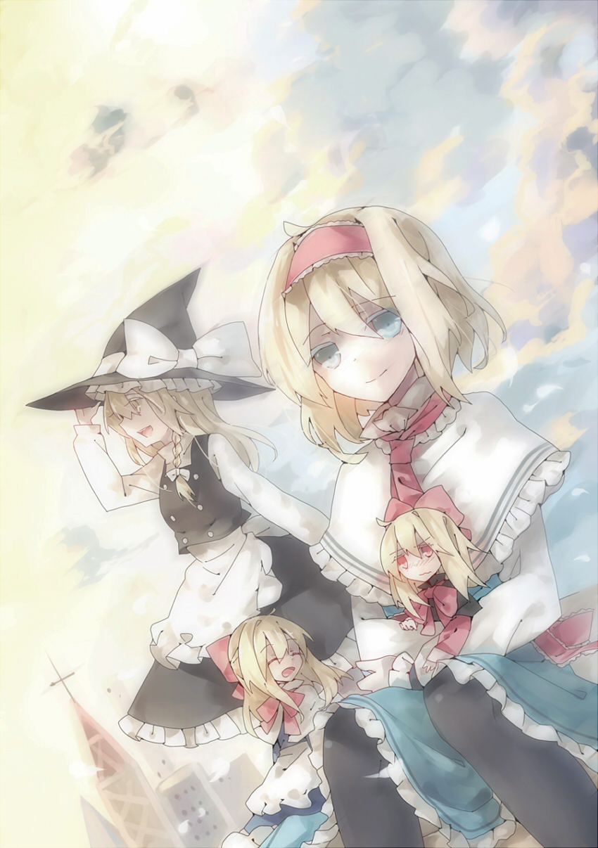 2girls, :d, alice_margatroid, black_legwear, blonde_hair, blue_eyes, blush, bow