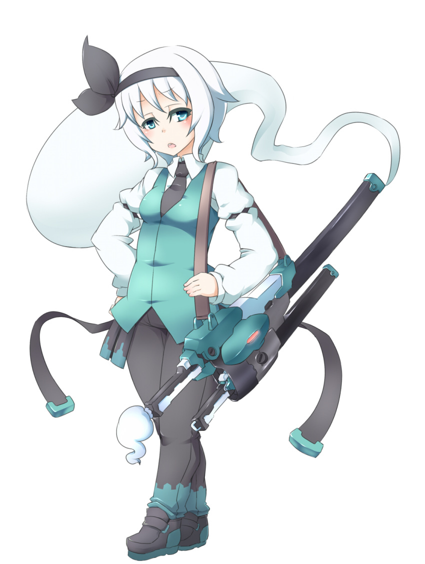 1girl, green_eyes, hair_ribbon, hairband, hitodama, katana, konpaku_youmu, konpaku_youmu_(ghost)