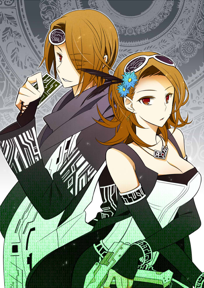 1boy, 1girl, bracelet, breasts, brown_hair, card, cleavage, earrings, elbow_gloves, enter_(go-busters), escape_(go-busters), female, flower, gloves, gun, hair_flower, hair_ornament, hair_over_one_eye, jewelry, long_hair, male, necklace, pistol, red_eyes, sunglasses, sunglasses_on_head, super_sentai, tokumei_sentai_go-busters, torino_rito, weapon
