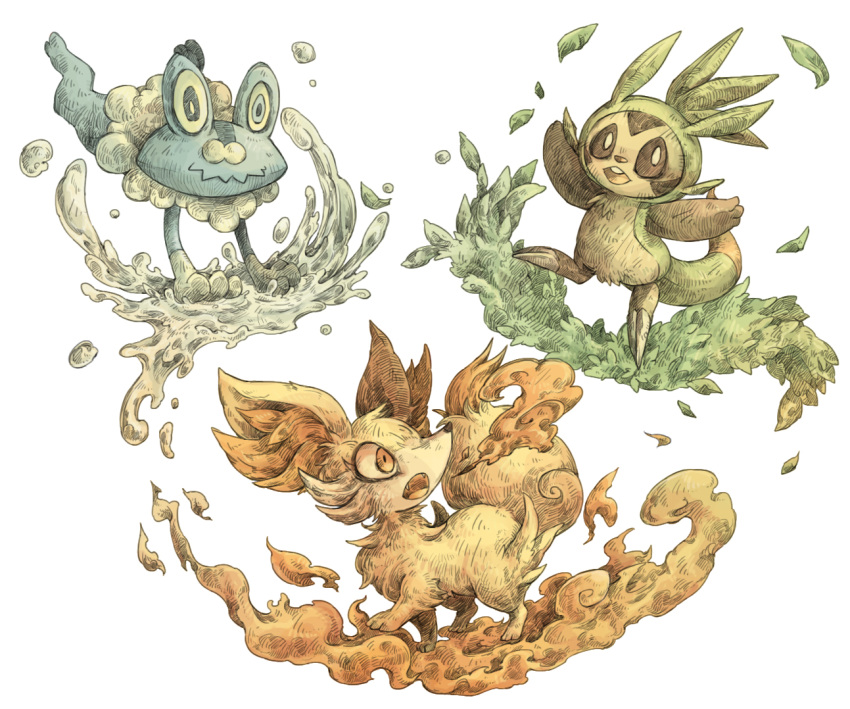 blue_eyes, brown_eyes, chespin, claws, fangs, fennekin, fire, froakie