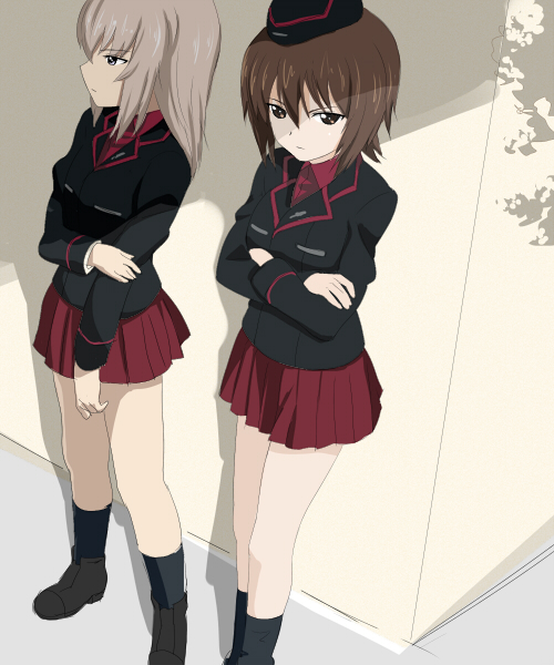 2girls, brown_hair, crossed_arms, girls_und_panzer, itsumi_erika, long_hair, multiple_girls, nishizumi_maho