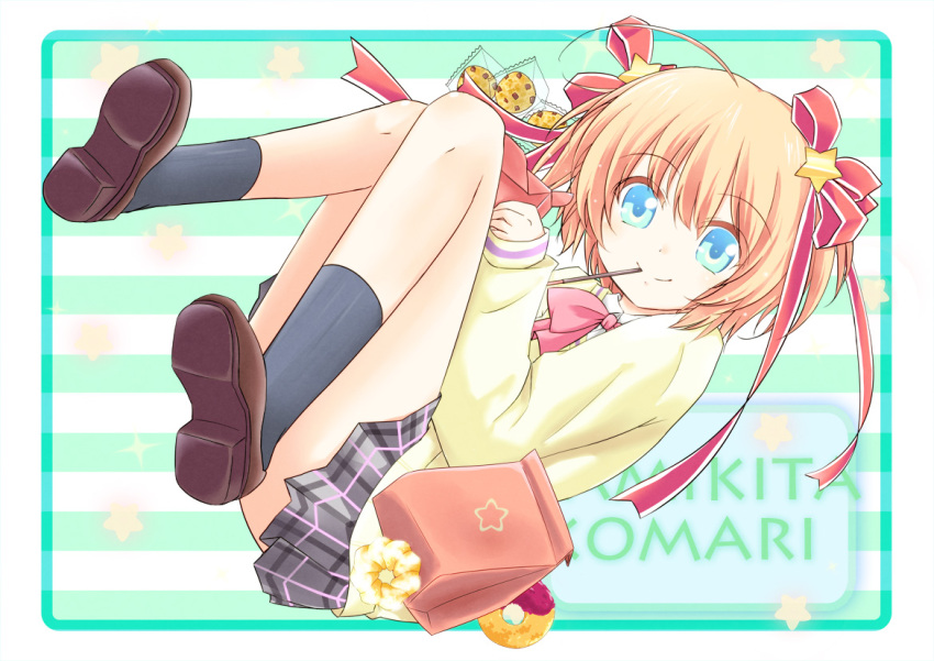 1girl, ahoge, blonde_hair, blue_eyes, blush, bow, character_name, cookie